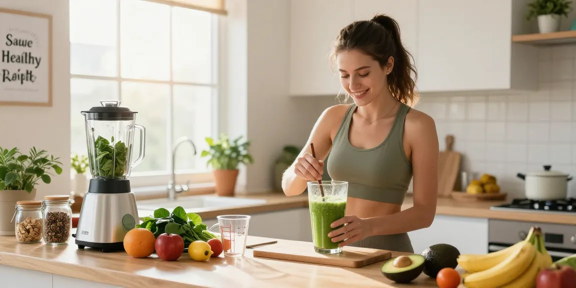 A vibrant woman preparing a healthy smoothie at koiaminos.com, showcasing fresh vegetables and fruits in a sunny kitchen.