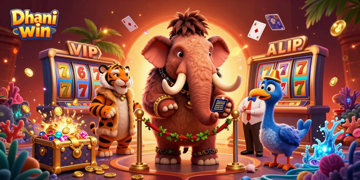 Dive into the exciting gameplay of Dhani win, where a woolly mammoth bouncer oversees a vibrant casino filled with treasures and games.